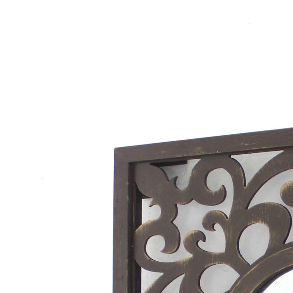 Wooden Frame Square Wall Mirror with Floral cut Out Design, Espresso - BM218411