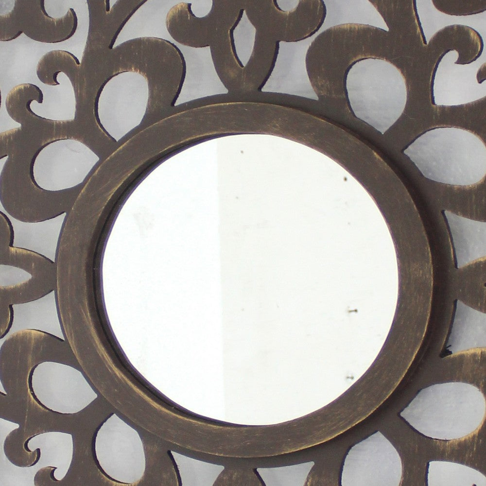 Wooden Frame Square Wall Mirror with Floral cut Out Design, Espresso - BM218411