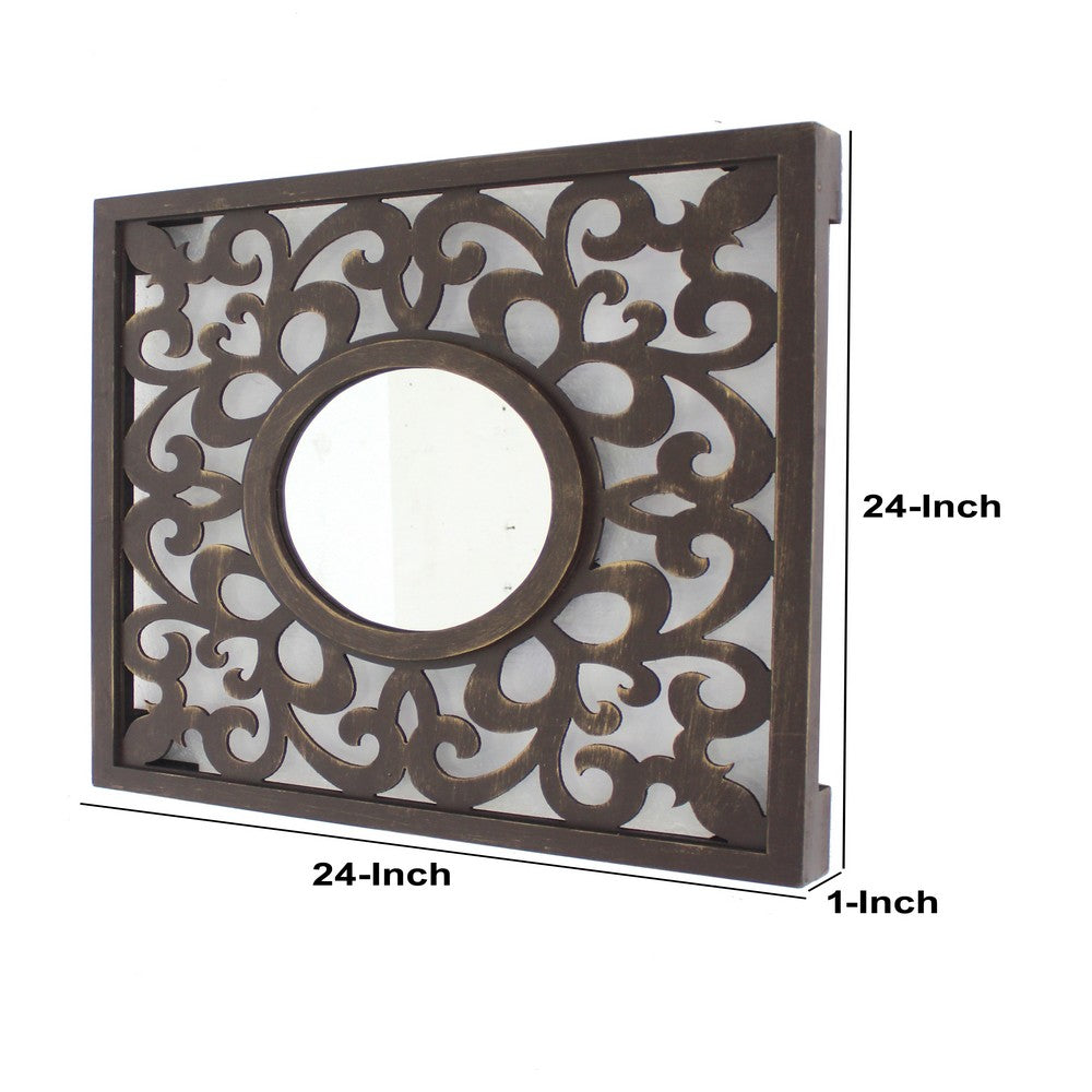 Wooden Frame Square Wall Mirror with Floral cut Out Design, Espresso - BM218411