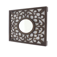 Wooden Frame Square Wall Mirror with Floral cut Out Design, Espresso - BM218411