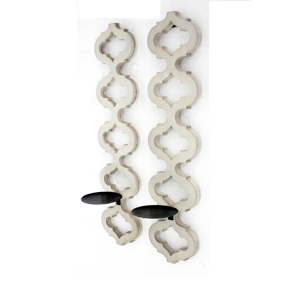 Geometric Lattice Wooden Frame Metal Candle Holder, Set of 2, White - BM218412