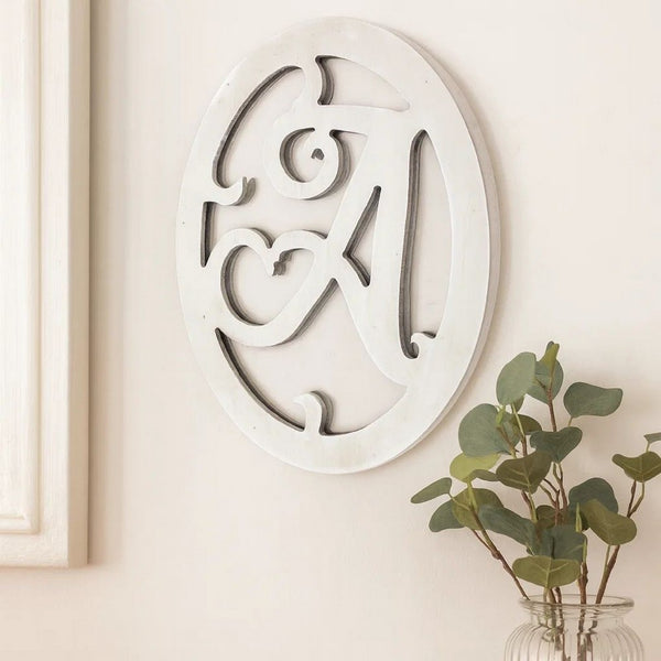 Wooden Oval Frame Wall Monogram with A Letter, White - BM218416