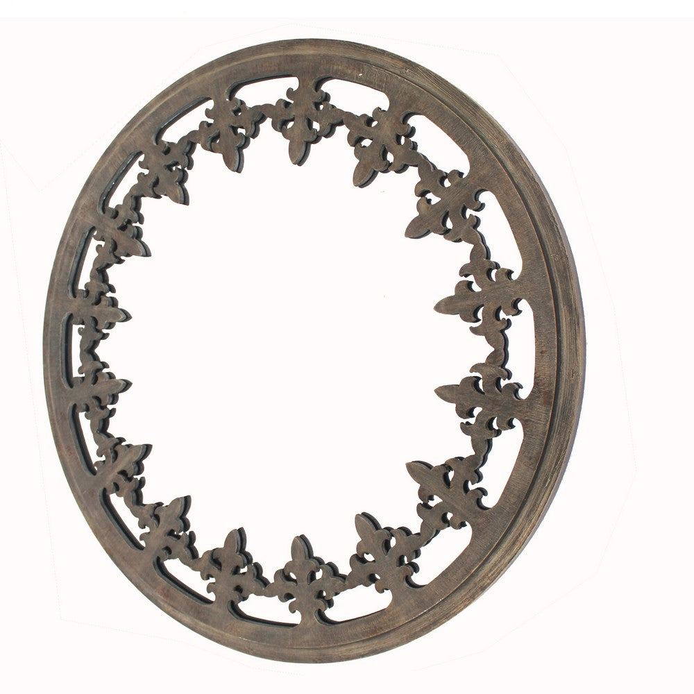 Fleur De Lis Pattern Wooden Framed Wall Mirror, Dark Gray - BM218417