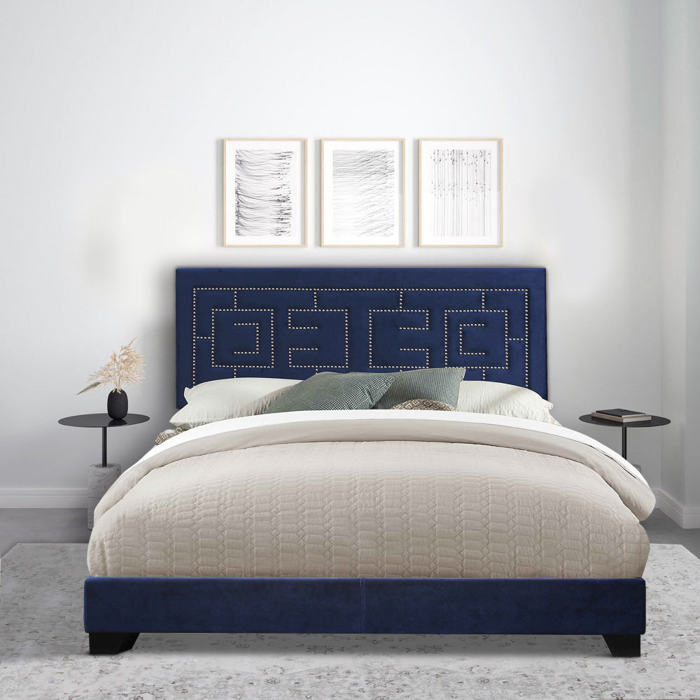 Fabric Eastern King Bed with Geometric Pattern Nailhead Trims, Blue - BM218459