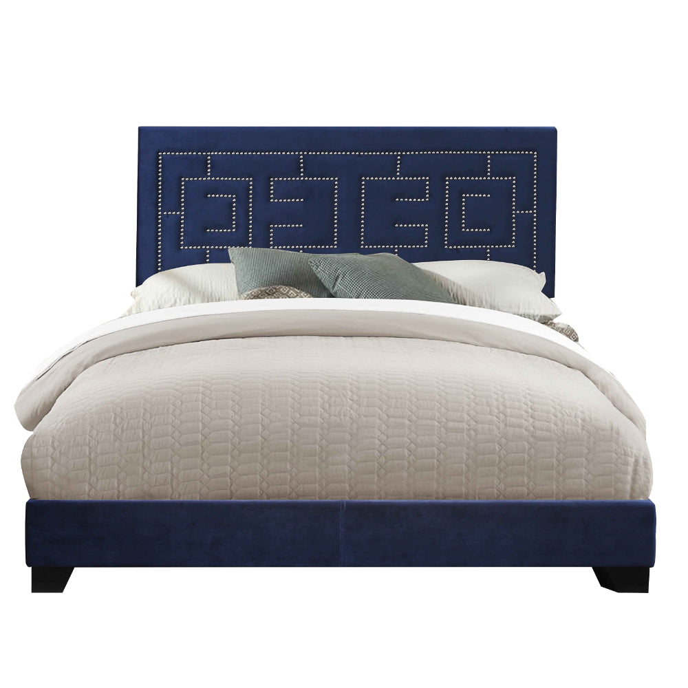 Fabric Eastern King Bed with Geometric Pattern Nailhead Trims, Blue - BM218459