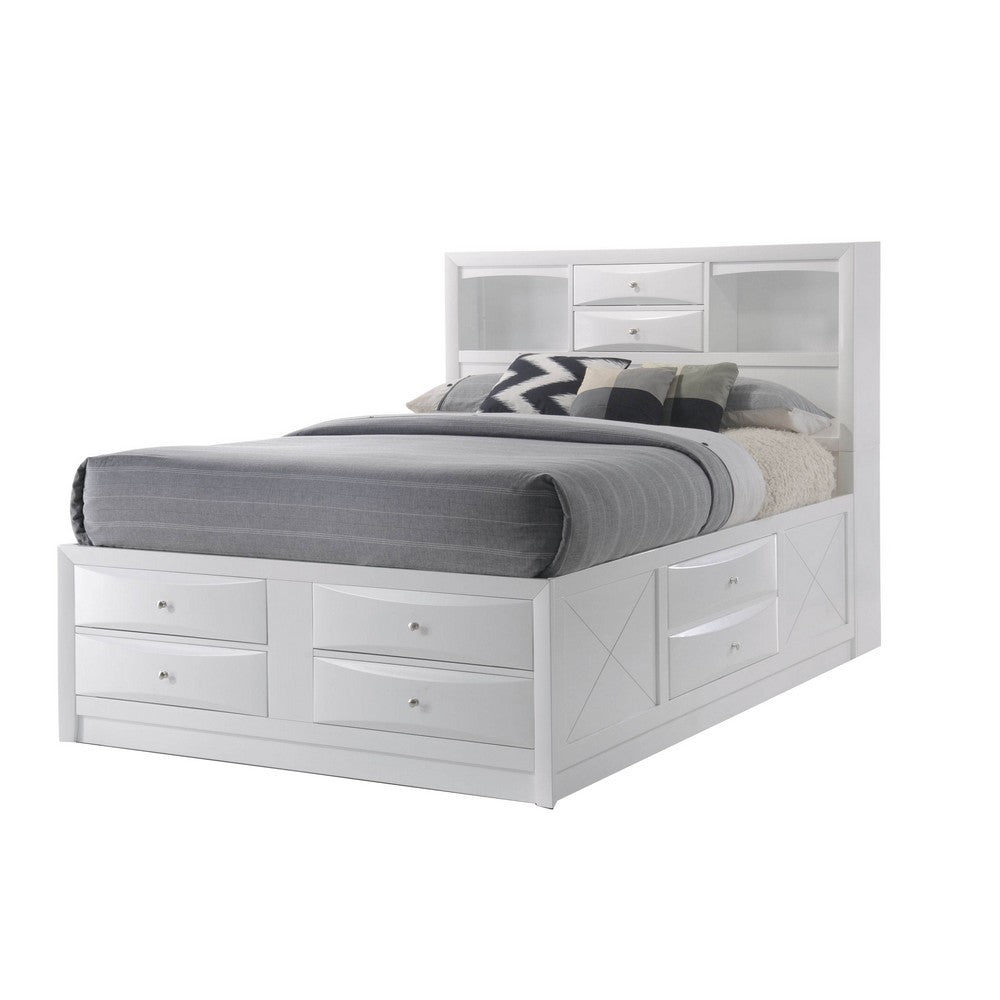 Eight Drawer Full Size Storage Bed with Bookcase Headboard, White - BM218462