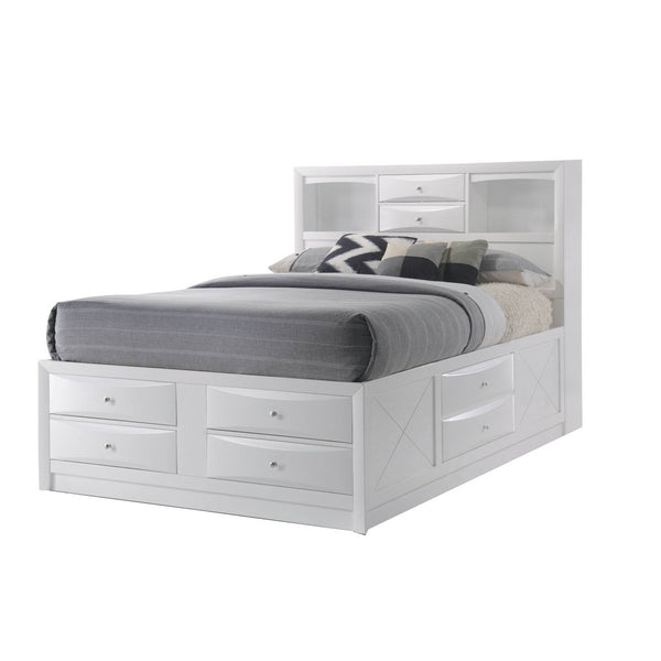 Eight Drawer Full Size Storage Bed with Bookcase Headboard, White - BM218462