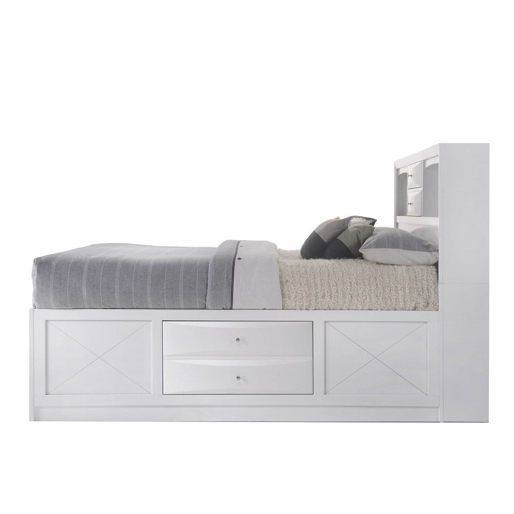 Eight Drawer Full Size Storage Bed with Bookcase Headboard, White - BM218462
