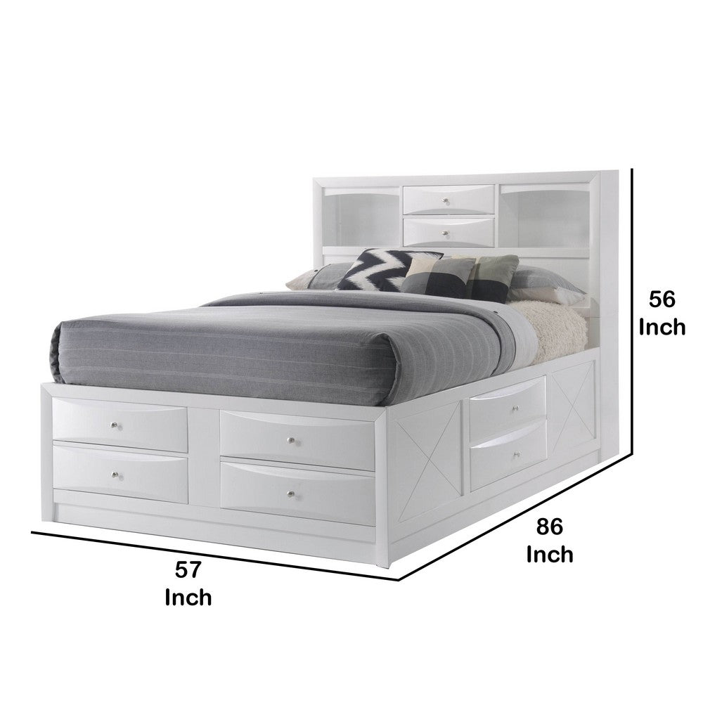 Eight Drawer Full Size Storage Bed with Bookcase Headboard, White - BM218462