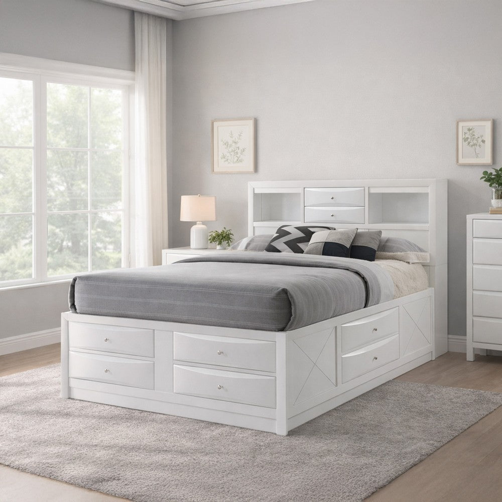 Eight Drawer Full Size Storage Bed with Bookcase Headboard, White - BM218462
