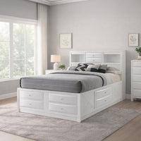 Eight Drawer Full Size Storage Bed with Bookcase Headboard, White - BM218462