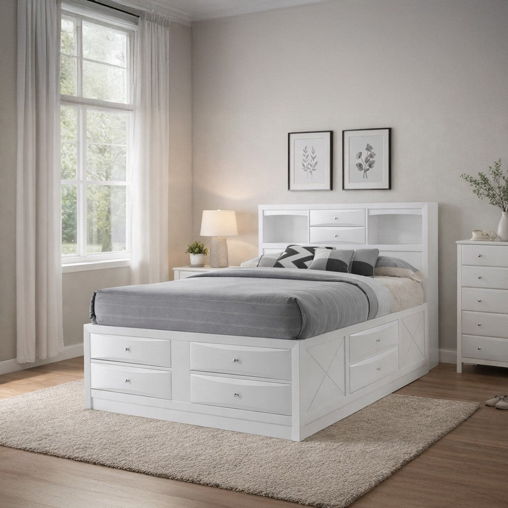 Eight Drawer Full Size Storage Bed with Bookcase Headboard, White - BM218462