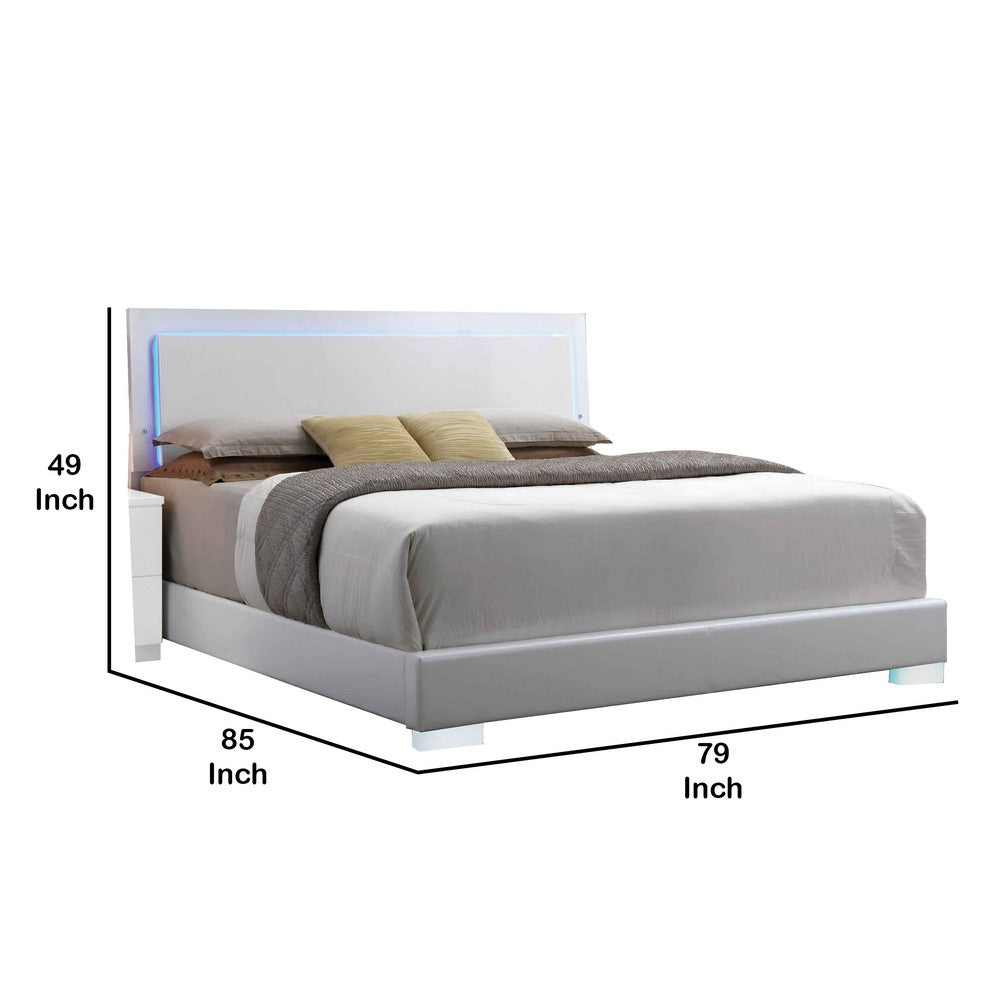 Leatherette Eastern King Bed with LED Panel Headboard and Chrome Legs,White - BM218470