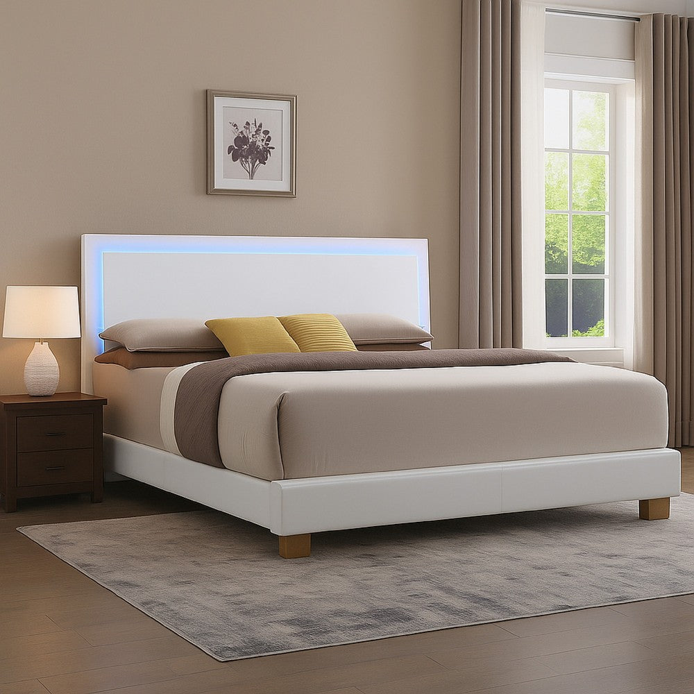 Leatherette Eastern King Bed with LED Panel Headboard and Chrome Legs,White - BM218470
