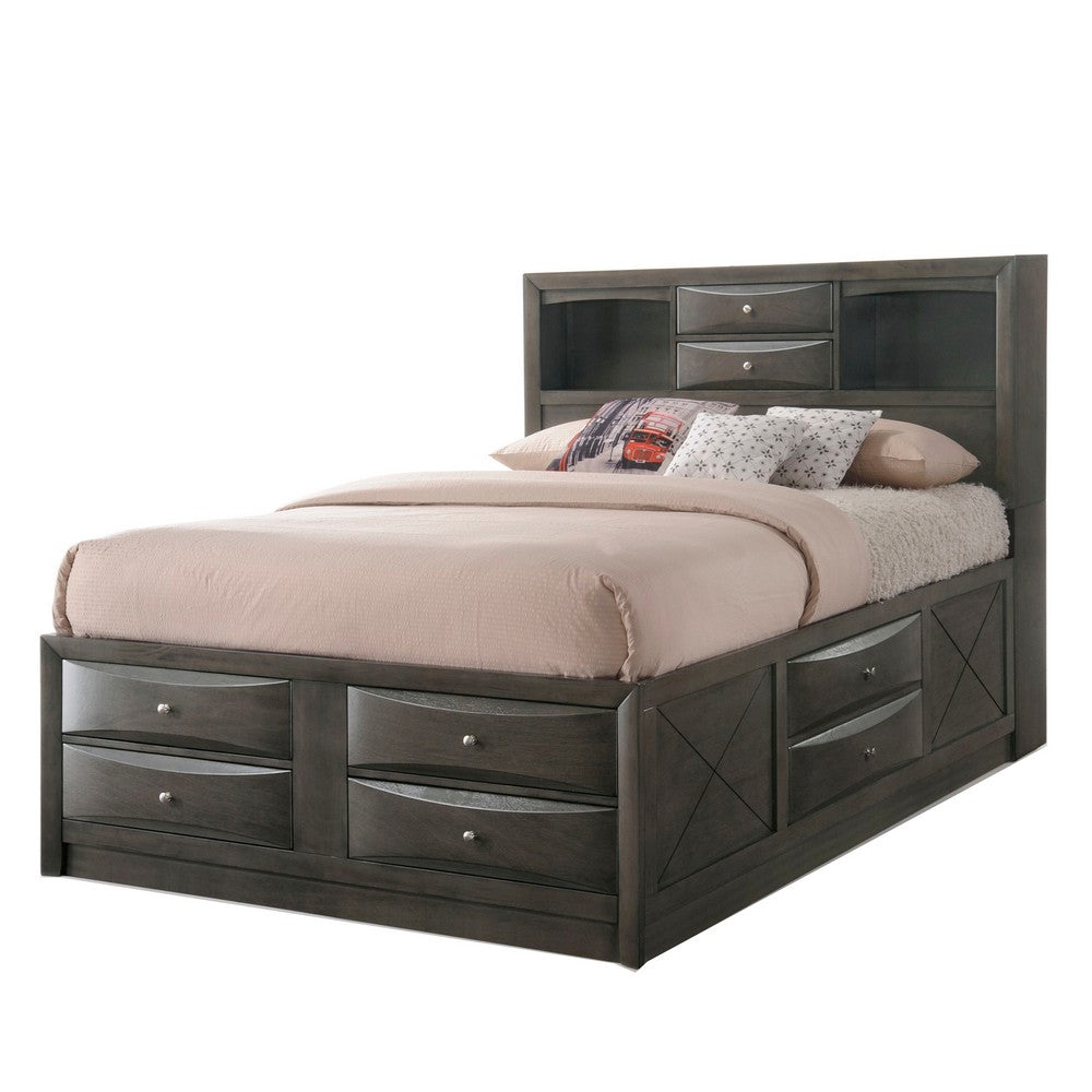 Panel Design Full Size Bed with Bookcase and Drawers, Gray Oak - BM218472