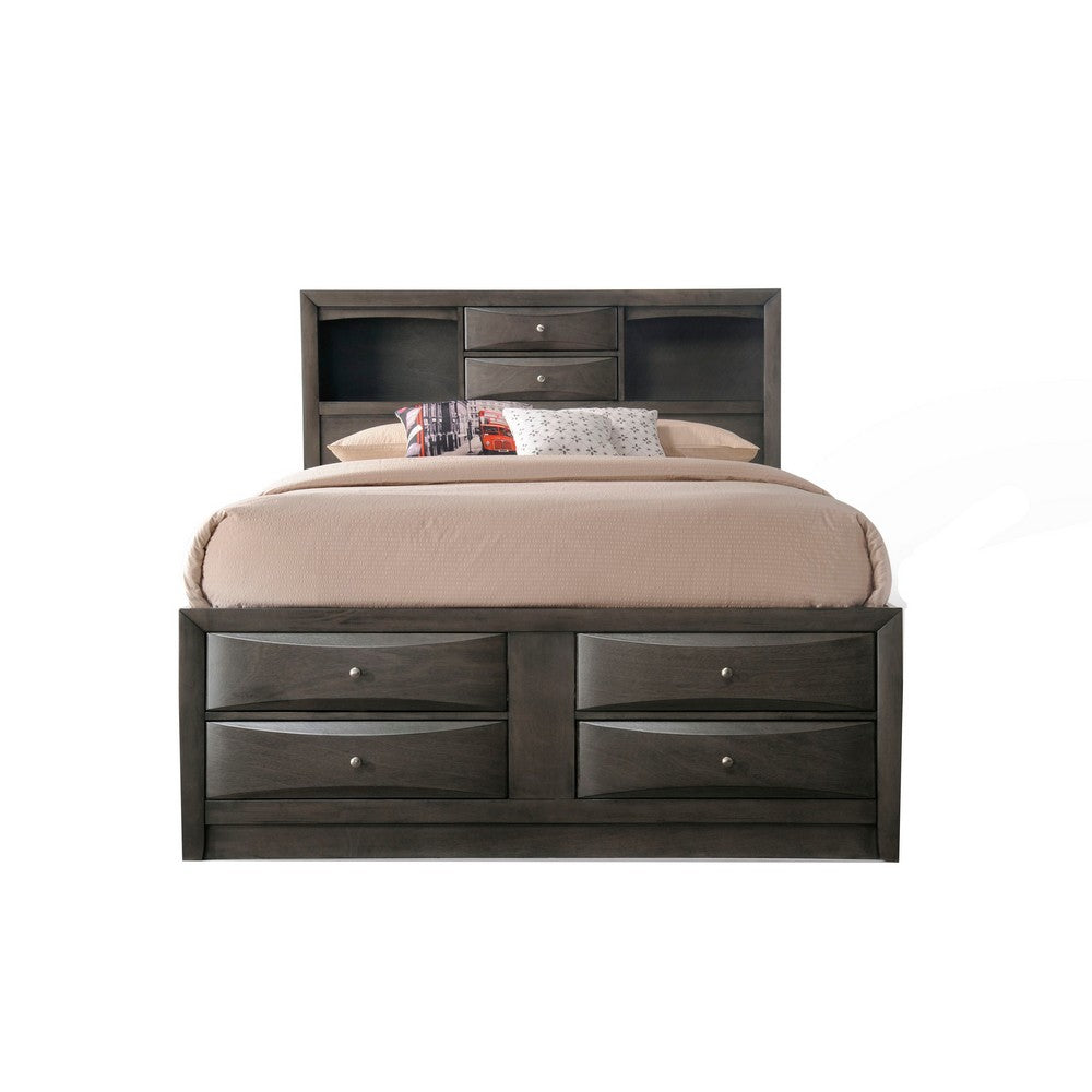 Panel Design Full Size Bed with Bookcase and Drawers, Gray Oak - BM218472