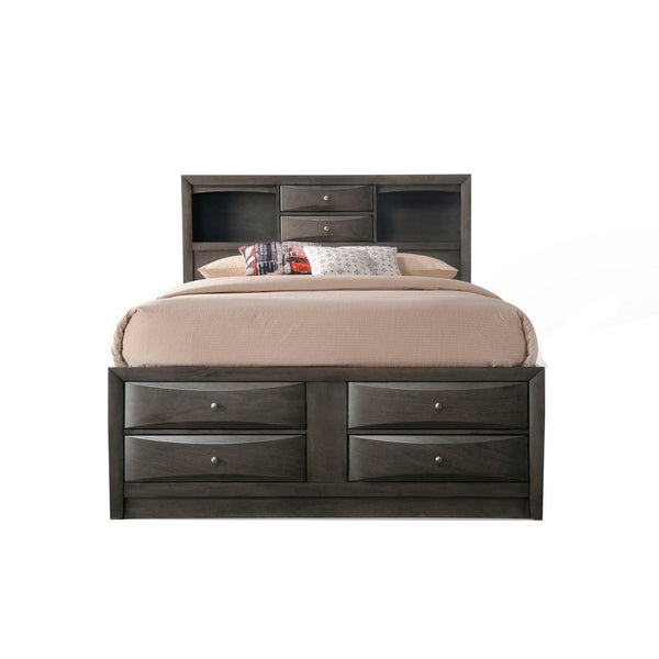 Panel Design Full Size Bed with Bookcase and Drawers, Gray Oak - BM218472