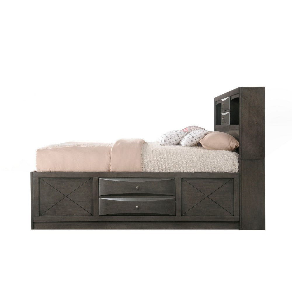 Panel Design Full Size Bed with Bookcase and Drawers, Gray Oak - BM218472