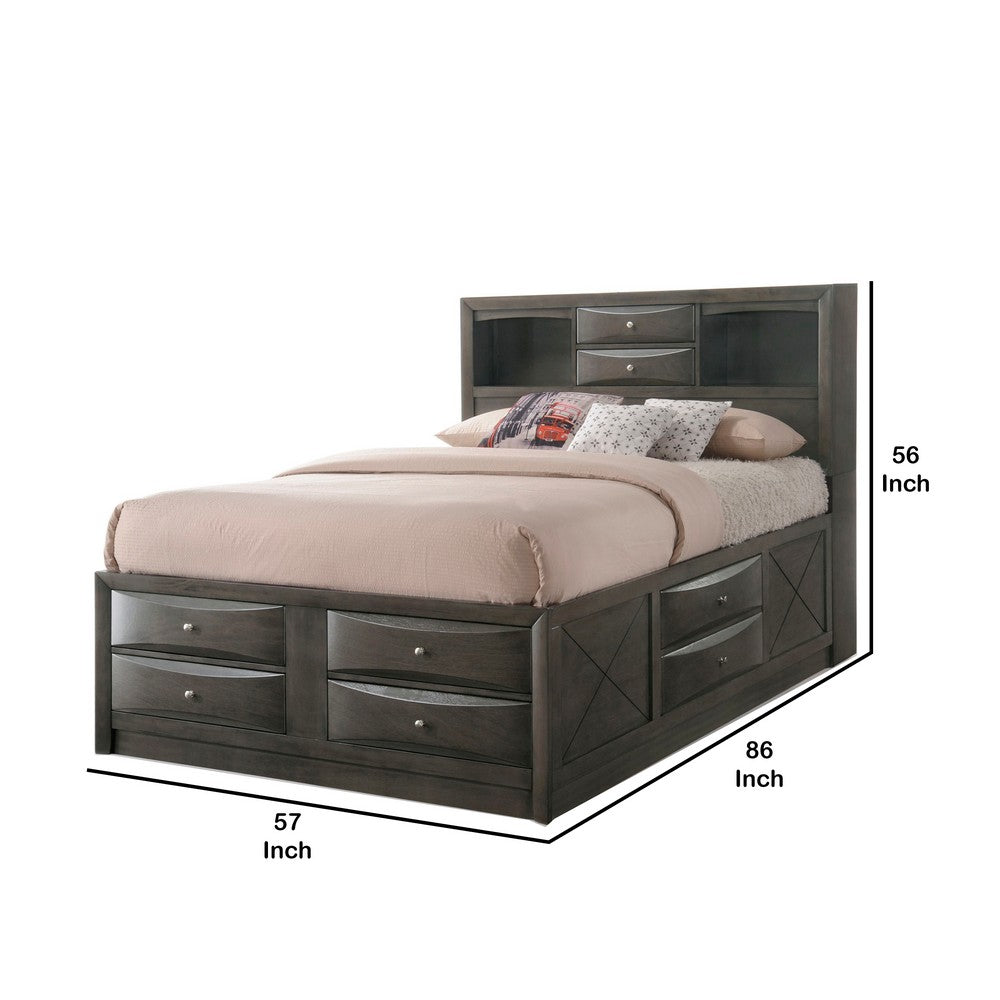 Panel Design Full Size Bed with Bookcase and Drawers, Gray Oak - BM218472