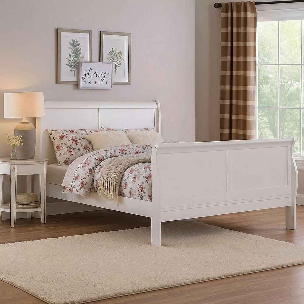 Transitional Panel Design Sleigh Eastern King Size Bed, White - BM218491