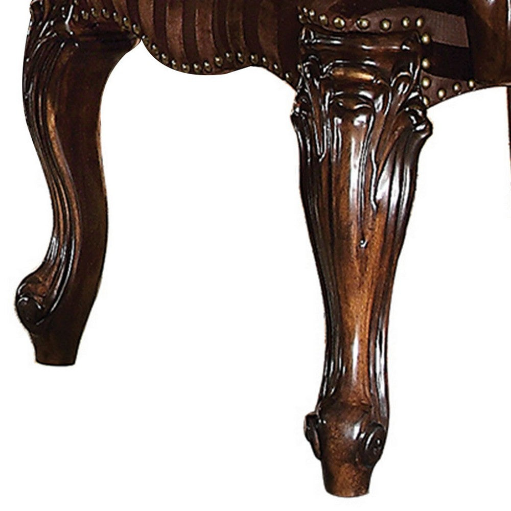 Wooden Arm Chair with Button Tufted Backrest and Carved Details, Set of 2, Brown - BM218506