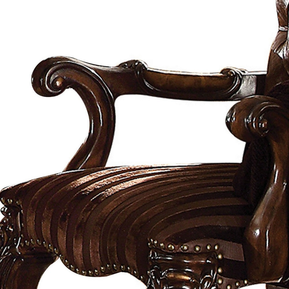 Wooden Arm Chair with Button Tufted Backrest and Carved Details, Set of 2, Brown - BM218506