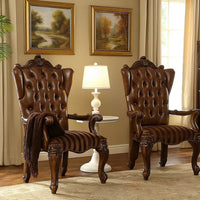 Wooden Arm Chair with Button Tufted Backrest and Carved Details, Set of 2, Brown - BM218506