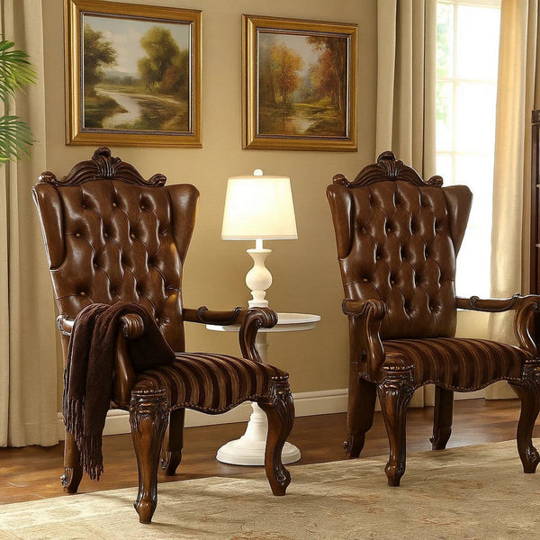 Wooden Arm Chair with Button Tufted Backrest and Carved Details, Set of 2, Brown - BM218506
