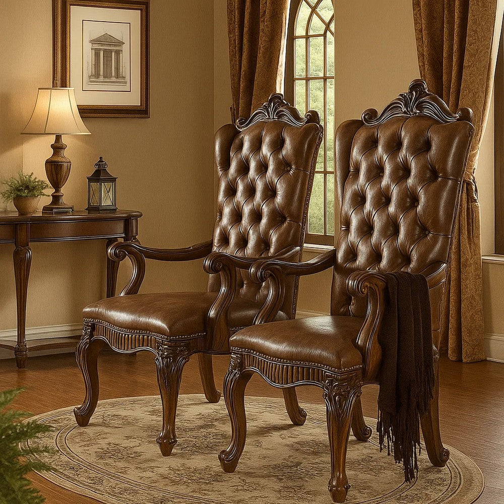 Wooden Arm Chair with Button Tufted Backrest and Carved Details, Set of 2, Brown - BM218506