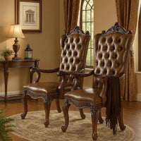 Wooden Arm Chair with Button Tufted Backrest and Carved Details, Set of 2, Brown - BM218506