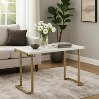 Contemporary Metal Frame Sofa Table with Faux Marble Top ,White and Gold - BM218510