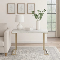 Contemporary Metal Frame Sofa Table with Faux Marble Top ,White and Gold - BM218510