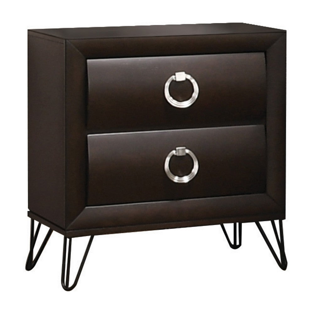 2 Drawer Wooden Nightstand with Metal Ring Handles and Harpin Legs, Brown - BM218511