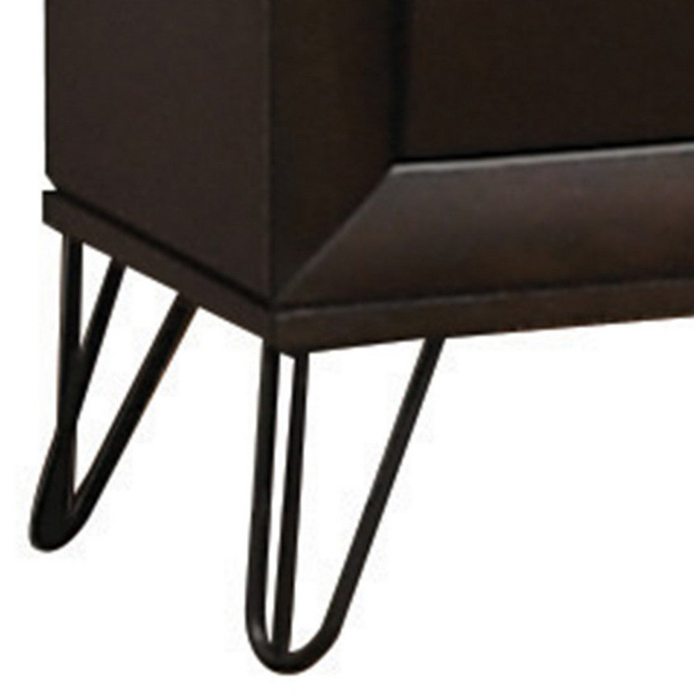 2 Drawer Wooden Nightstand with Metal Ring Handles and Harpin Legs, Brown - BM218511