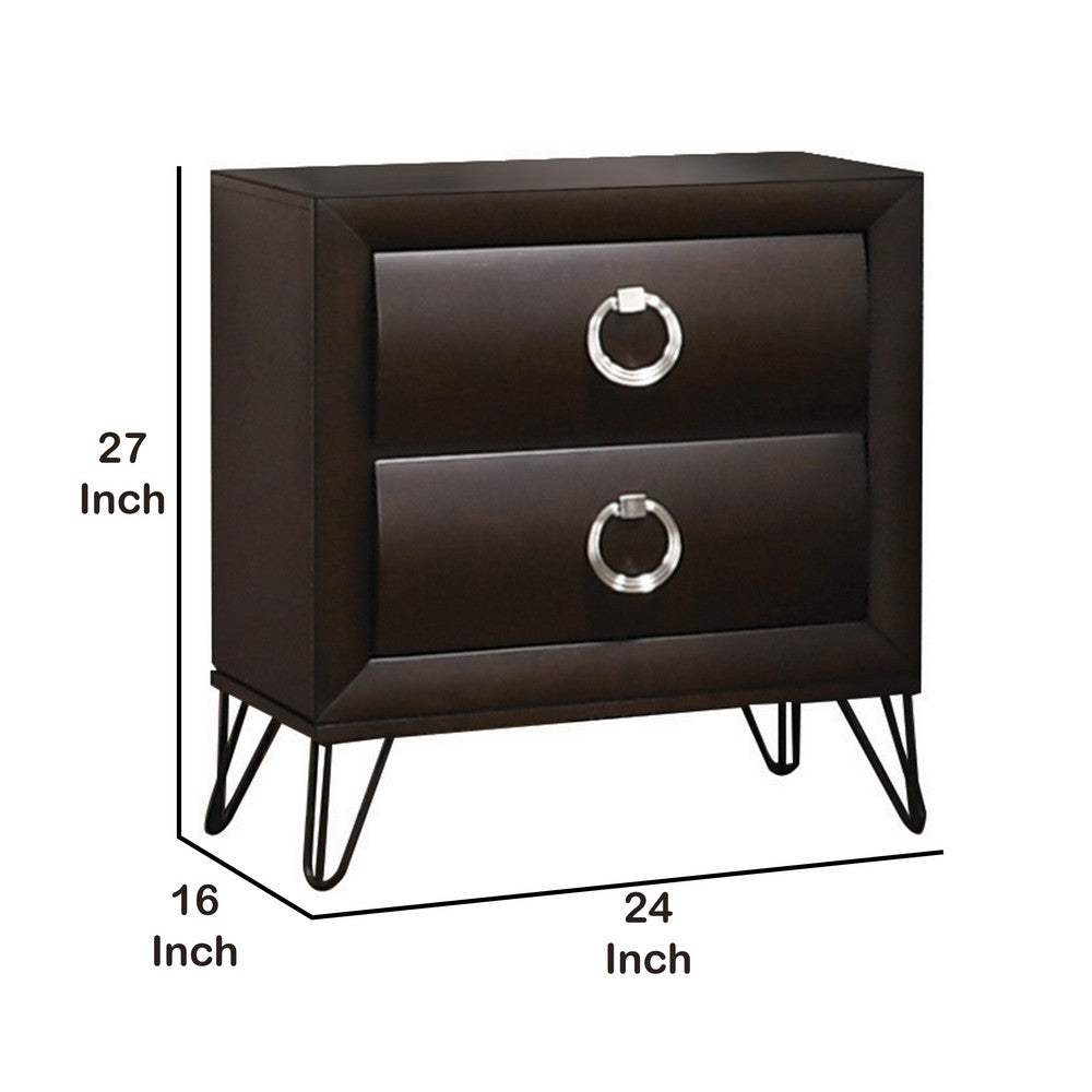 2 Drawer Wooden Nightstand with Metal Ring Handles and Harpin Legs, Brown - BM218511