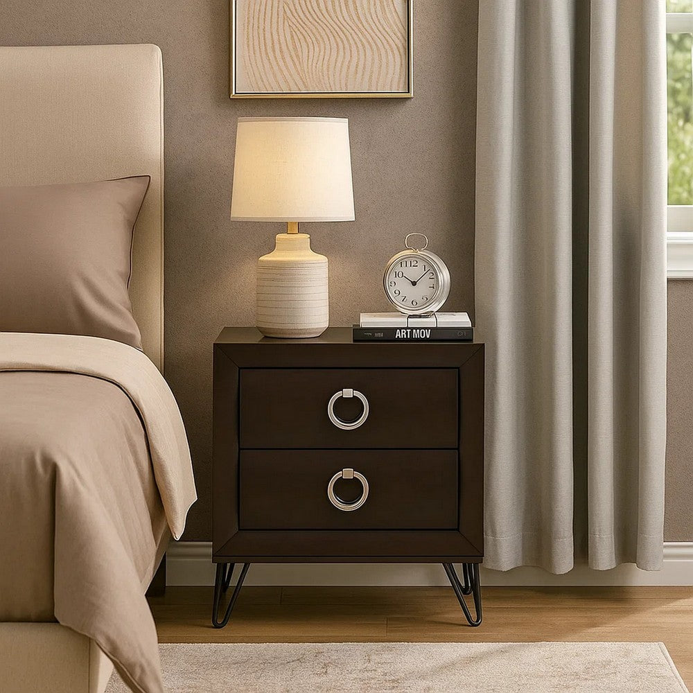 2 Drawer Wooden Nightstand with Metal Ring Handles and Harpin Legs, Brown - BM218511