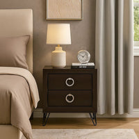 2 Drawer Wooden Nightstand with Metal Ring Handles and Harpin Legs, Brown - BM218511