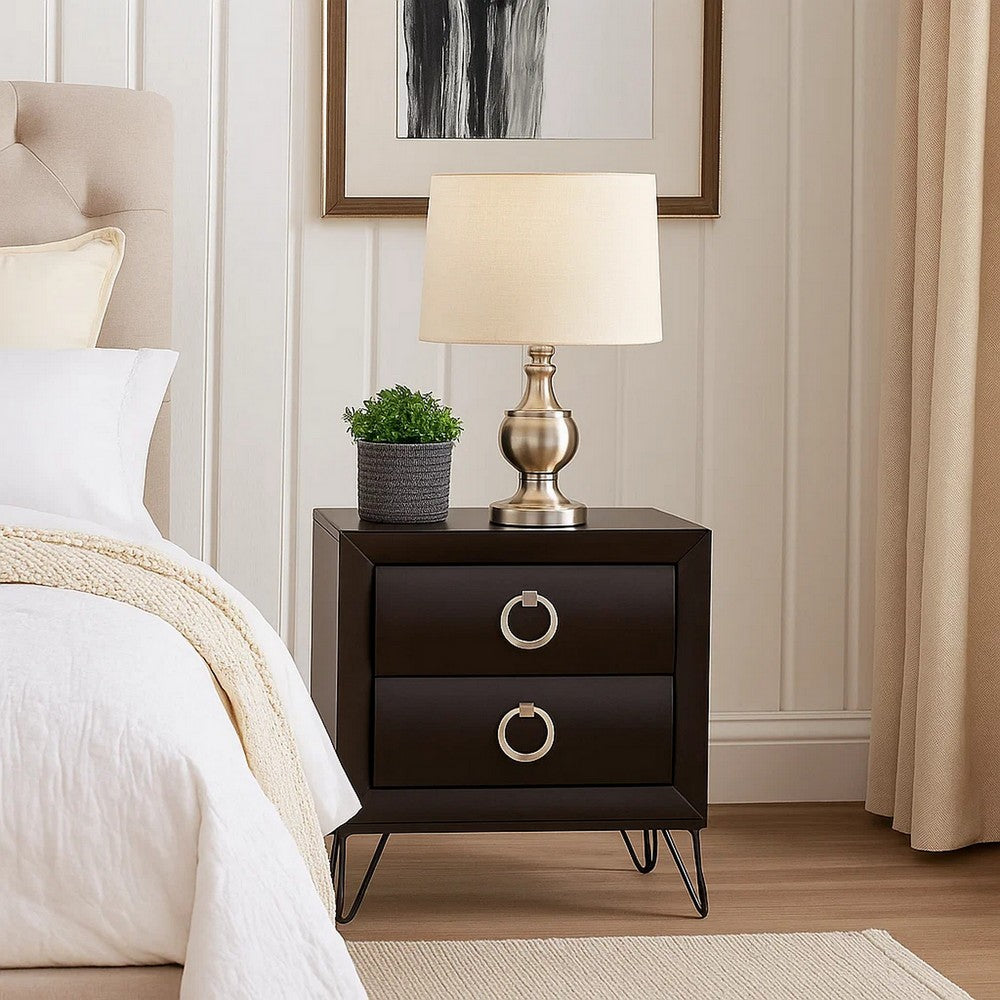 2 Drawer Wooden Nightstand with Metal Ring Handles and Harpin Legs, Brown - BM218511