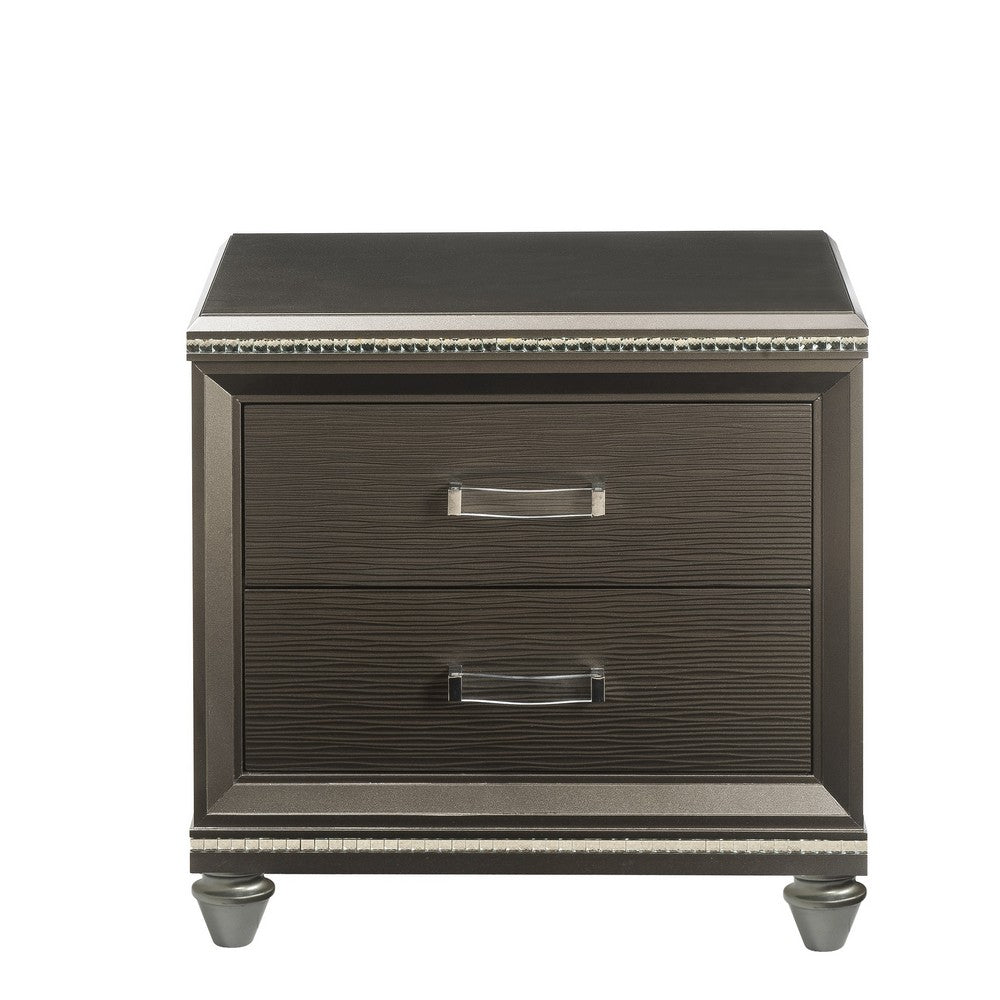 Contemporary 2 Drawer Wooden Nightstand with Mirror Trim Details, Brown - BM218515