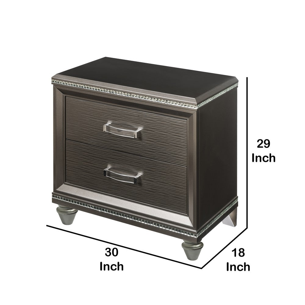 Contemporary 2 Drawer Wooden Nightstand with Mirror Trim Details, Brown - BM218515
