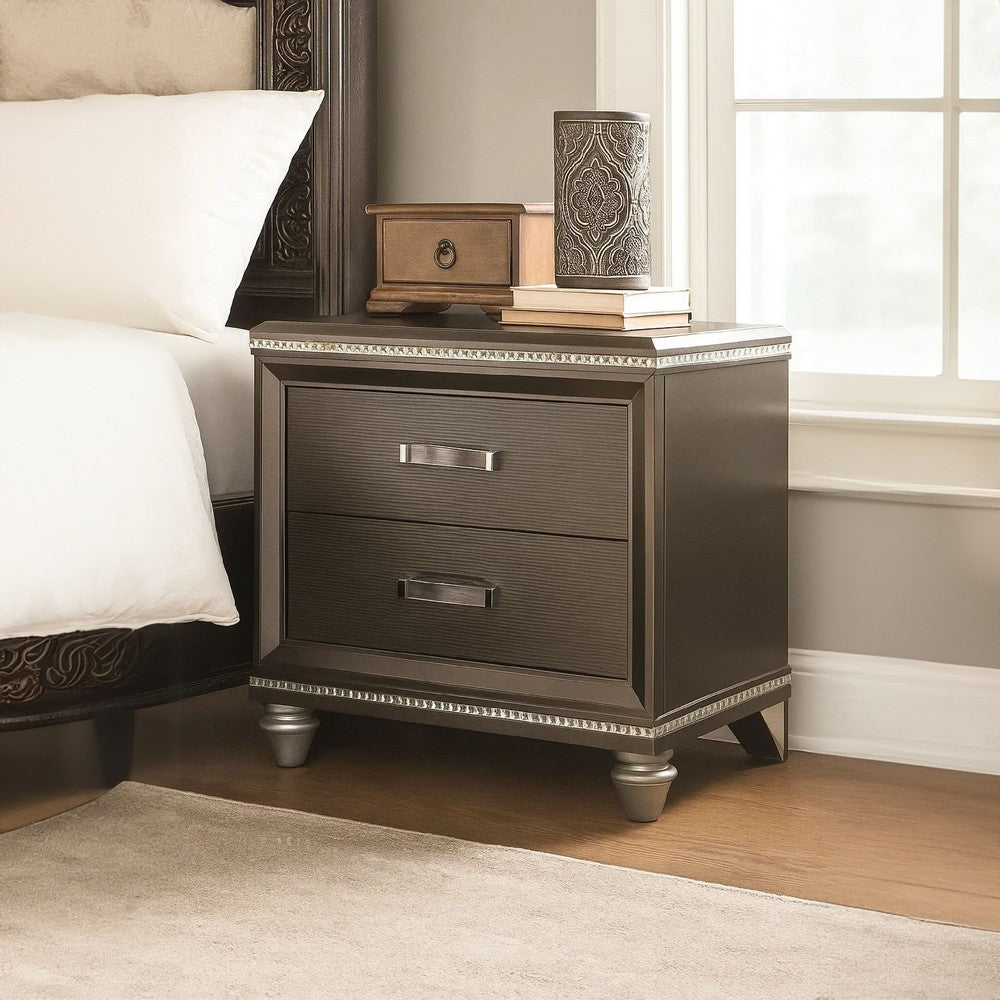 Contemporary 2 Drawer Wooden Nightstand with Mirror Trim Details, Brown - BM218515