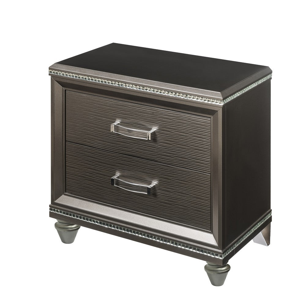 Contemporary 2 Drawer Wooden Nightstand with Mirror Trim Details, Brown - BM218515