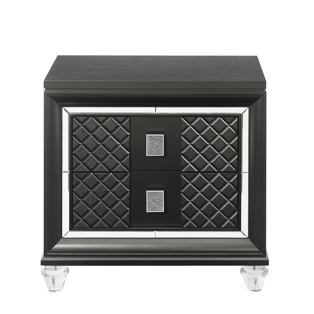 2 Drawer Wooden Nightstand with Mirror Accents and Diamond Pattern, Black - BM218518