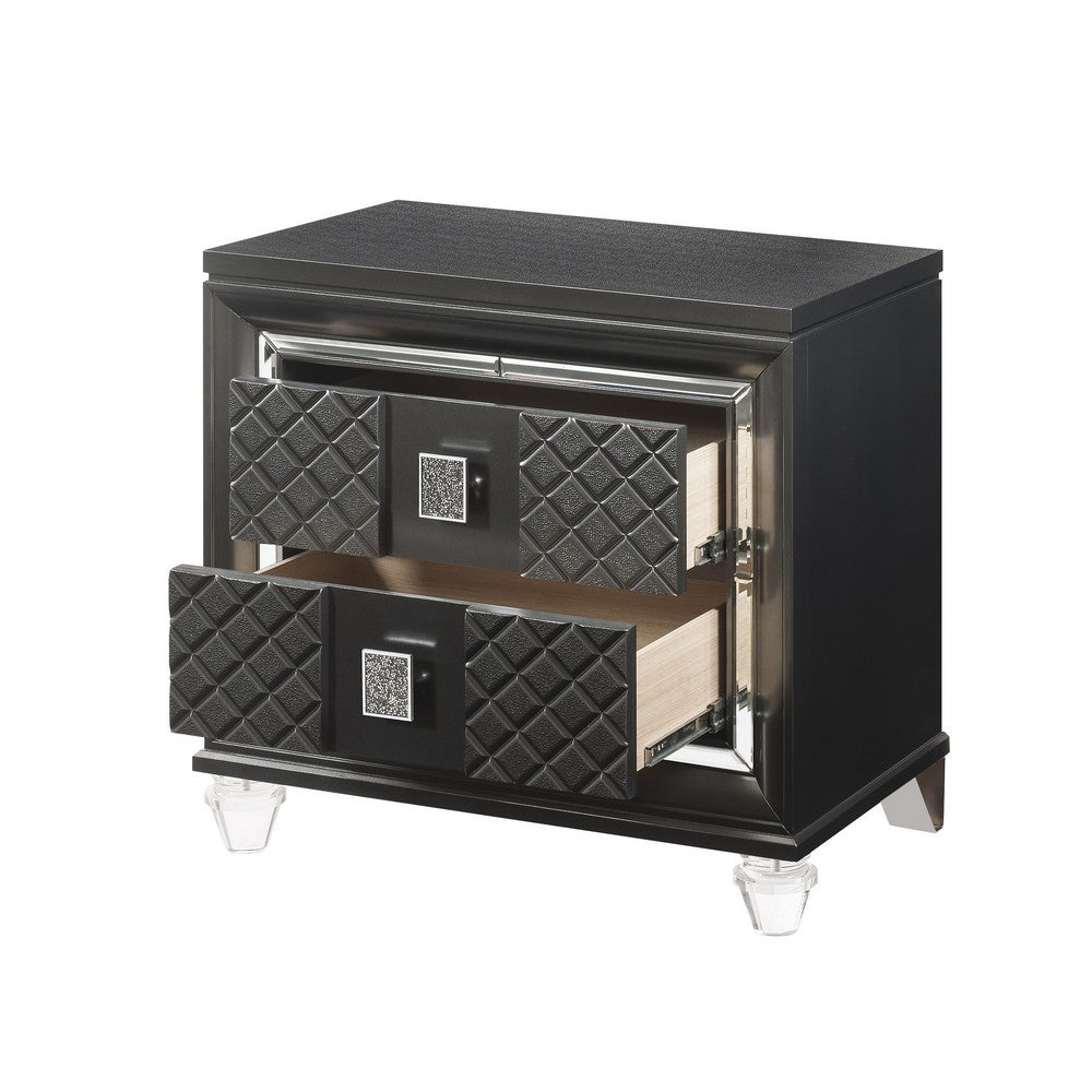 2 Drawer Wooden Nightstand with Mirror Accents and Diamond Pattern, Black - BM218518