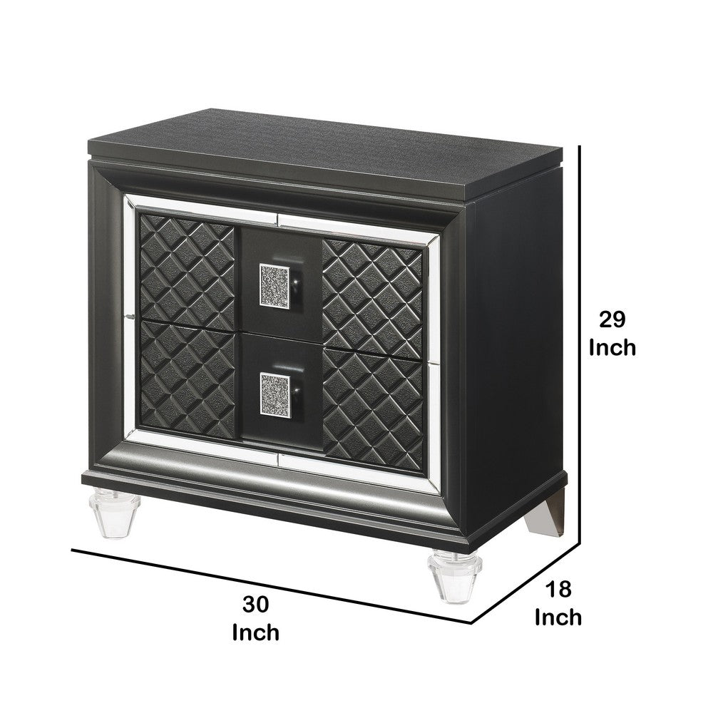 2 Drawer Wooden Nightstand with Mirror Accents and Diamond Pattern, Black - BM218518
