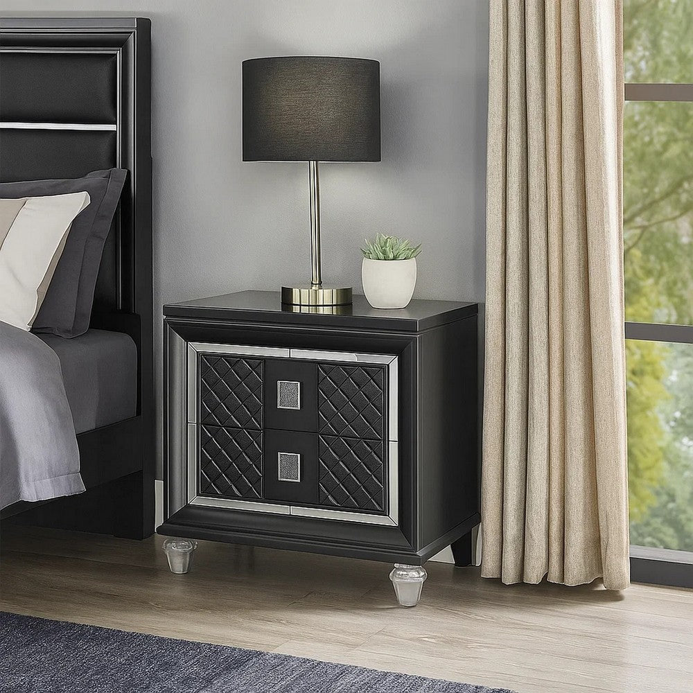 2 Drawer Wooden Nightstand with Mirror Accents and Diamond Pattern, Black - BM218518