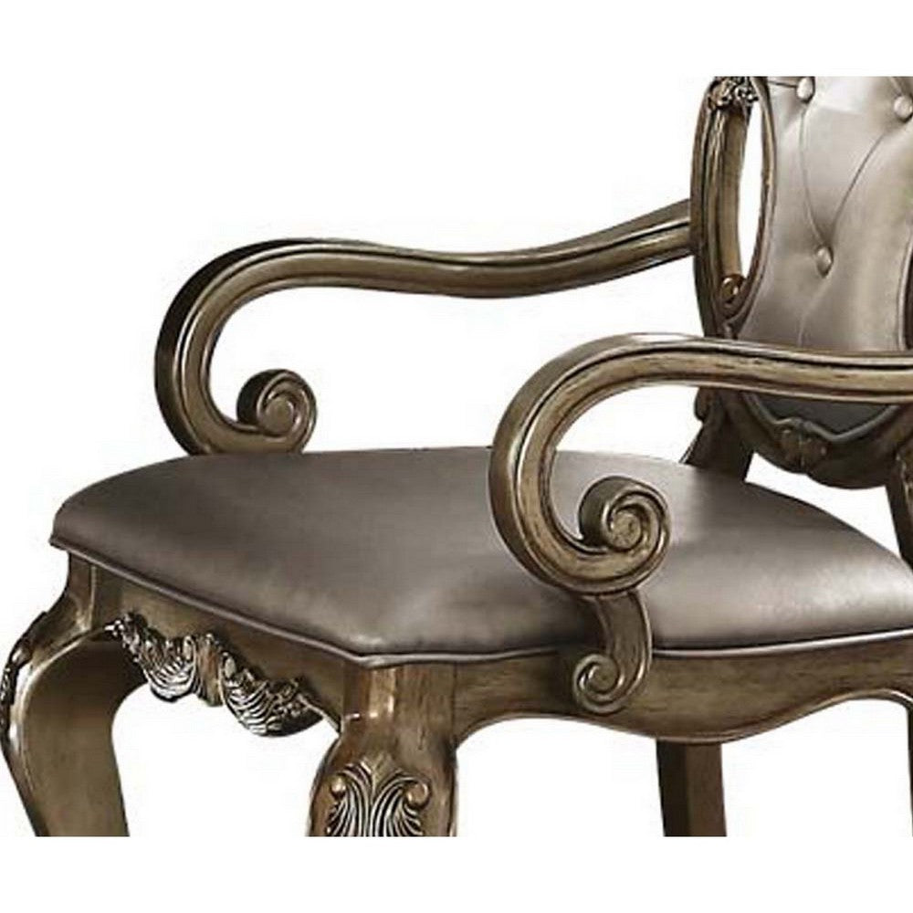 Wood and Fabric Dining Chairs with Armrests, Set of 2, Brown and Champagne - BM218565