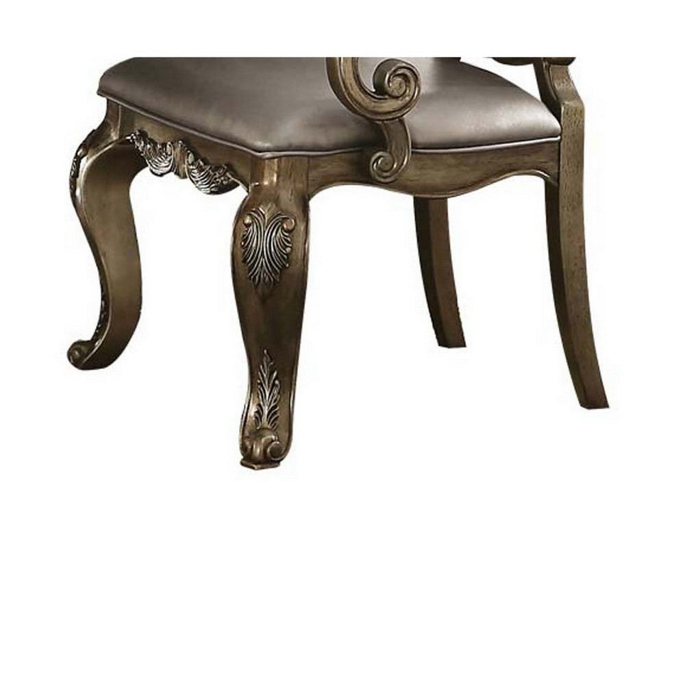 Wood and Fabric Dining Chairs with Armrests, Set of 2, Brown and Champagne - BM218565