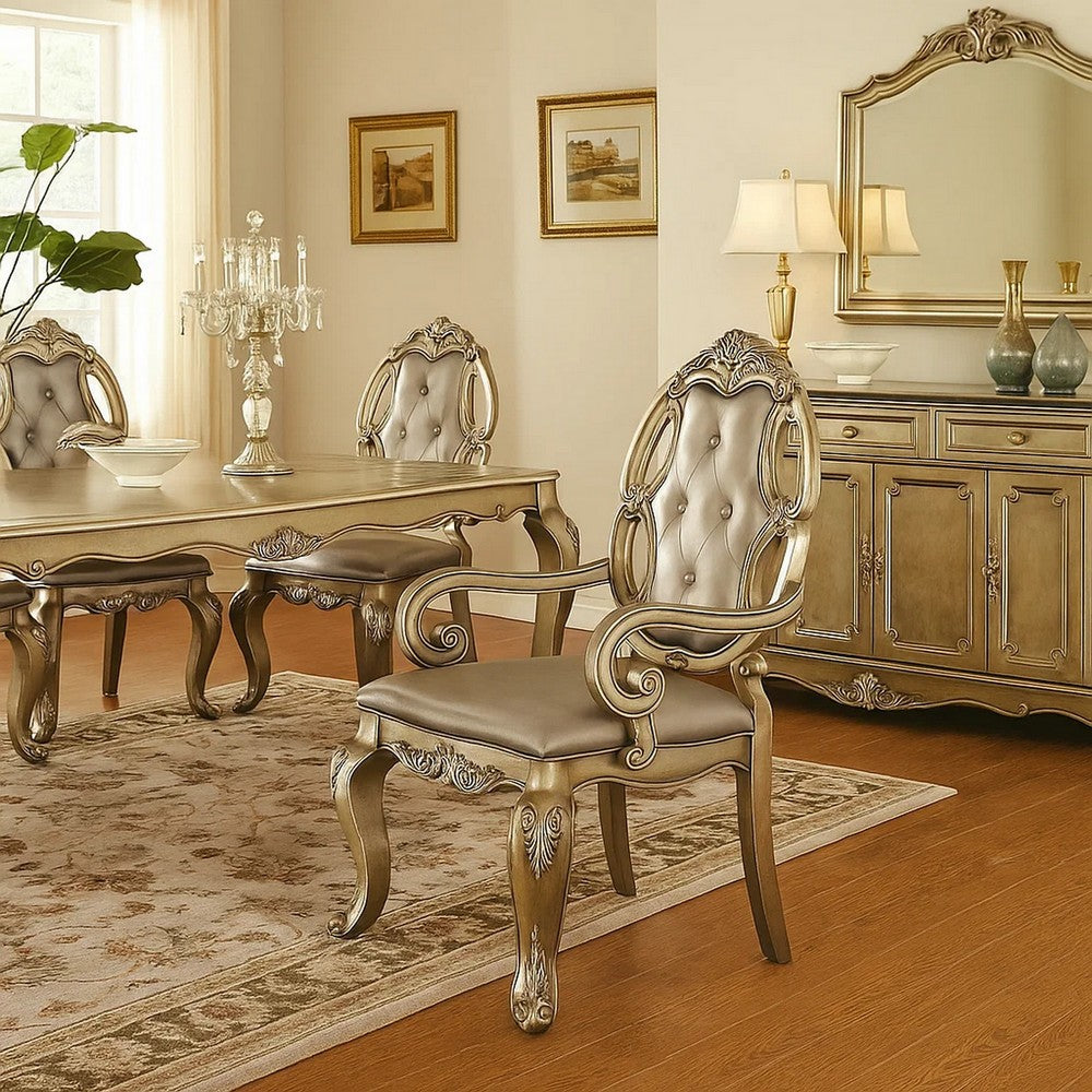 Wood and Fabric Dining Chairs with Armrests, Set of 2, Brown and Champagne - BM218565