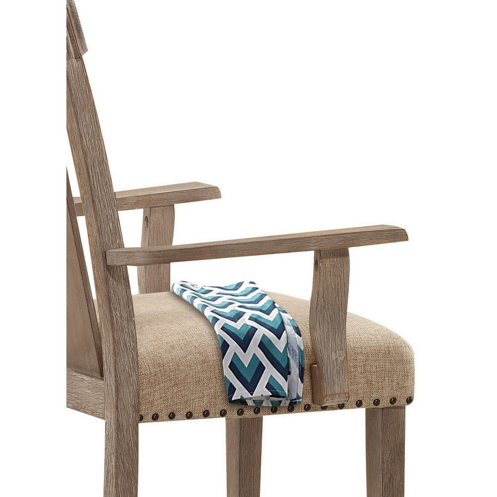 Wood and Fabric Dining Side Armchairs, Set of 2, Nail Head Trim, Beige and Brown - BM218604